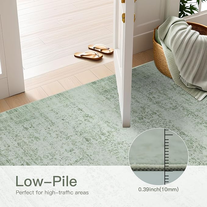 9x12 Vintage Washable Area Rug,Light Green | Living Room,Low Pile Non Slip Carpet Non-Shedding Large Soft Indoor Stain Resistant Floral Print Mat for Bedroom Dining Room