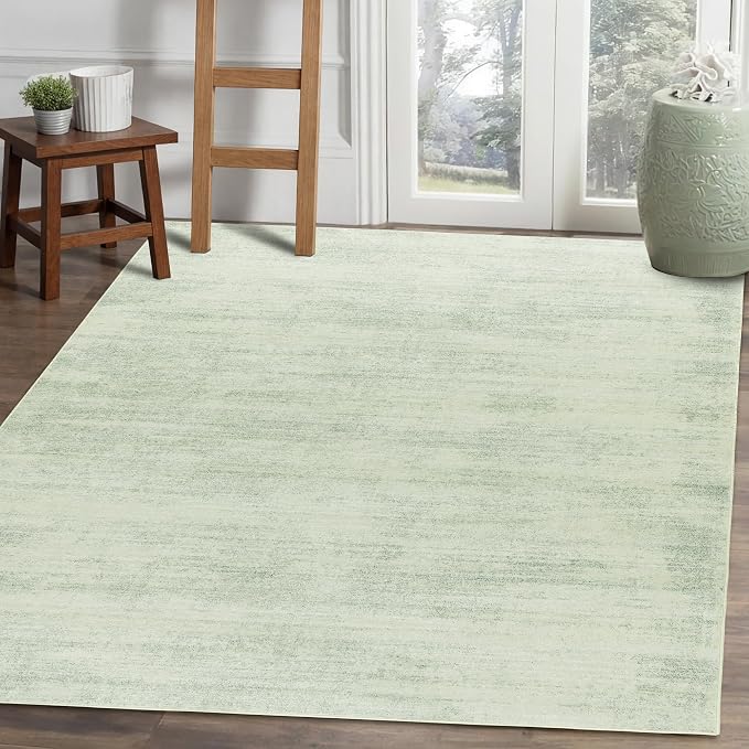 Modern Rugs for Dorm Bedroom Sage Green Nursery 5x8 Rug Low Pile Washable | Light Green and Ivory Cream, Abstract Neutral, with Non Slip, Floor Covering Carpet, for Playroom Living Room, Rubber Backed