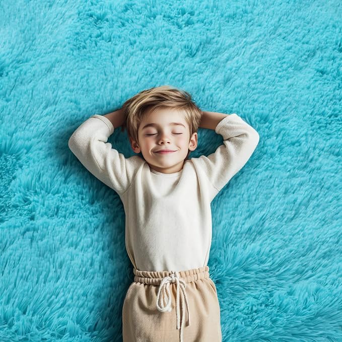Fluffy Rug Shag Area Rug,Teal Blue 3x5 Area Rugs for Bedroom | Non-Slip Small Soft Bedside Rug for Entryway,Living Room and Home Office