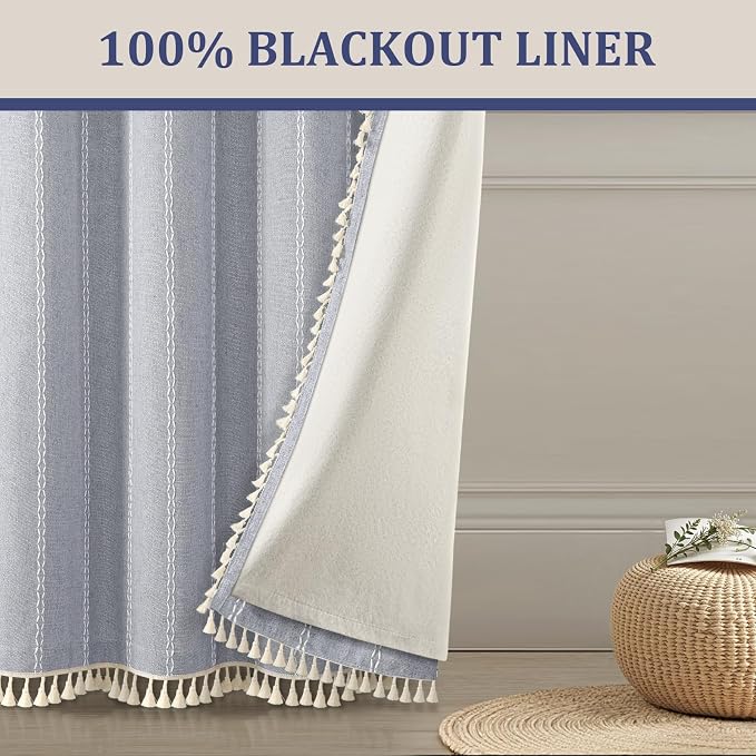 Blue Boho Blackout Curtains 2 Panels 72 Inch for Living Room Bedroom, Linen Texture Farmhouse Curtains with Tassels and White Cotton Embroidery Vintage Rustic Country Western