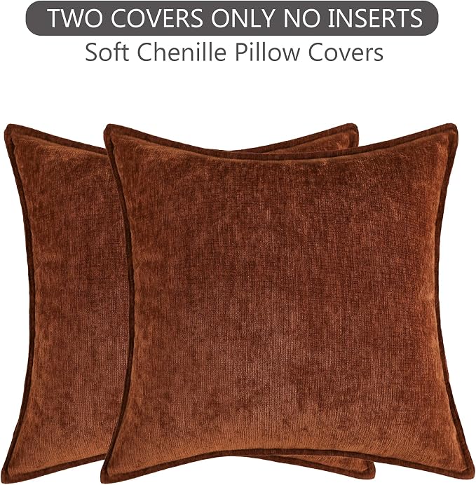 Stellhome Soft Decorative Chenille Pillow Covers 18x18 Inch Natural Mocha Brown Boho Farmhouse Neutral Couch Throw Pillows for Bed Sofa Livingroom Pack of 2 Accent Modern Pillowcase Home Decor