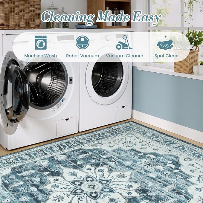 5x7 Coastal Blue White Area Rugs for Living Room - Vintage Boho Medallion Aesthetic Distressed Washable Rug, Soft Non-Slip Backing Low Pile Carpet for Office, Lounge, Bedroom Foot of Bed