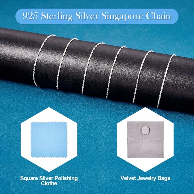 Elecrelive S925 Sterling Silver Chains 3.28 Feet Twisted Silver Singapore Chains 4.5x1mm with Velvet Bag for Men Women Jewelry Chain DIY Making
