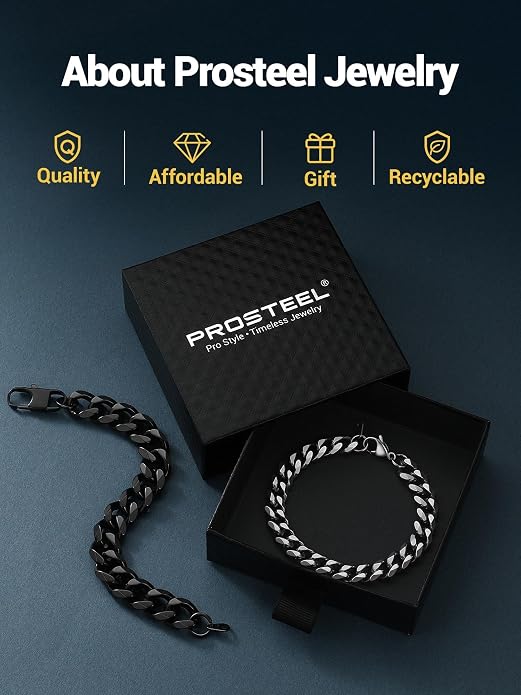 PROSTEEL Stainless Steel Bracelets for Men Women, Gold/Silver/Black, Cuban Link Bracelet Adjustable, Jewelry with Gift Box