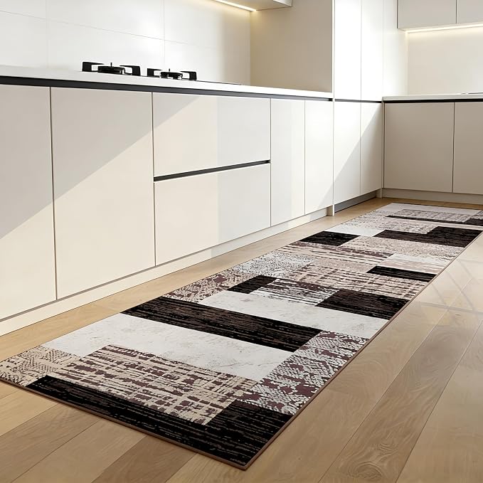 FlyDOIT Modern Geometric Patchwork Runner Rug, 2.7x10 Chocolate Runners for Hallways Non Slip, Washable Indoor Bedside Rugs for Bedroom, Floor Throw Carpet Runner for Entryway kitchen Bathroom Laundry