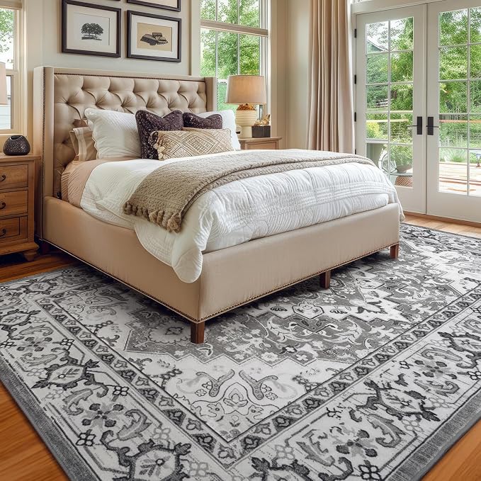 Lessymo 7 x 10 Area Rugs for Living Room- Machine Washable Area Rugs Boho Faux Wool Low Pile Area Rug for Bedroom, Floral Medallion Vintage Rugs with Non-Slip Rubber, Kid & Pet Friendly, Grey White
