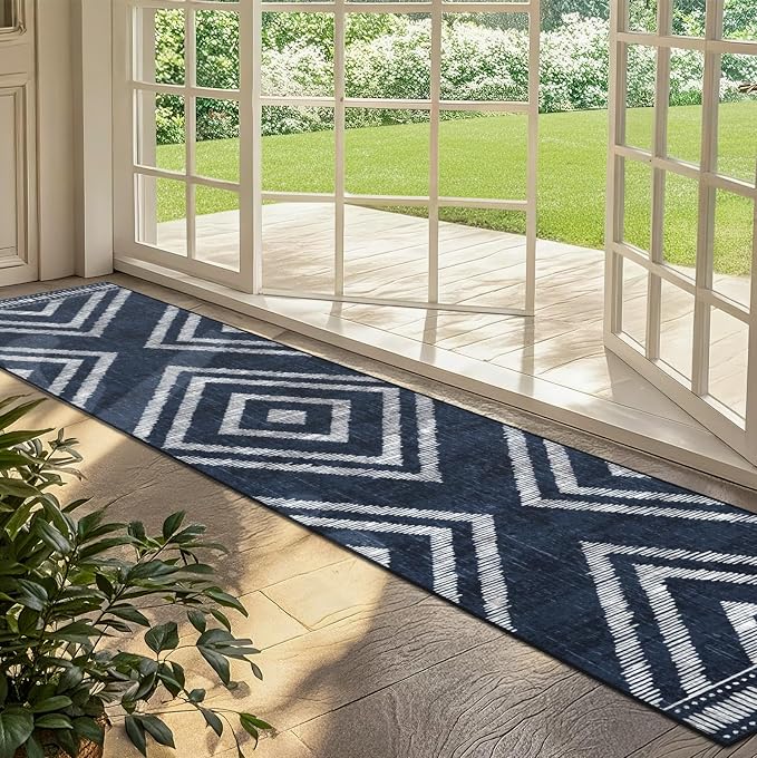2x10Ft Boho Hallway Rug Runners Non Slip, Navy Blue Geometric Washable Kitchen Runner Rugs, Soft Thin Modern Farmhouse Entrance Floor Carpets for Entryway Doorway Bedroom Home Decor