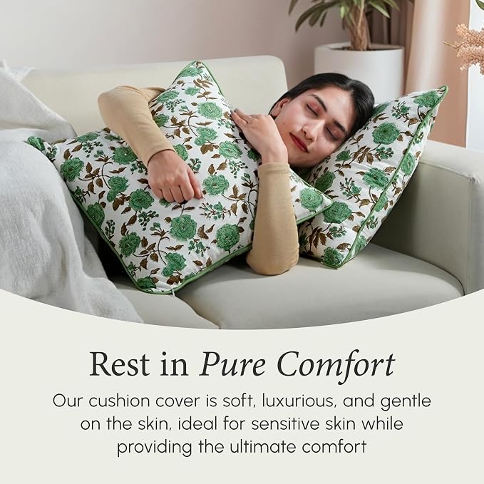 CPC 100% Cotton Throw Pillow Covers 18x18 Inch, Set of 2 Green Block Print Pattern Couch Pillow, Cute Boho Decorative Pillows for Living Room, Bedroom with Hidden Zipper- Moss Green