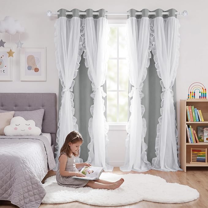 PONY DANCE 100% Blackout Curtains for Girl's Bedroom, Double Layer Grommet Curtain 84 inch Long with Sheer Overlay for Living Room, Nursery Kids Toddler Room Decor, Light Grey, 52" W x 84" L, 2 Panels