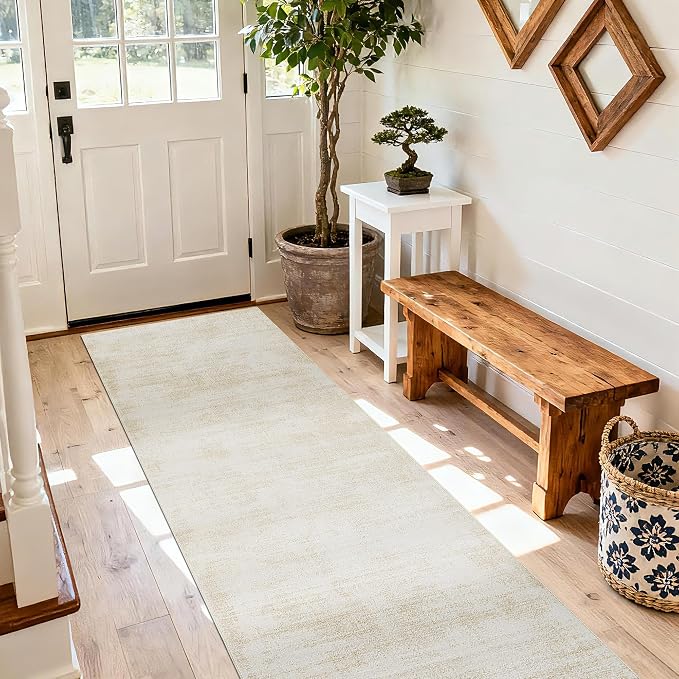 BILEEHOME 2 x 6 Runner Rug Low Pile Tan Beige Ombre Area Rugs for Kitchen | Non Skid Washable Carpet 2x6, Rubber Backed Foldable, Boho Neutral Abstract Modern, for Hallway Bathroom Kitchen, Cream