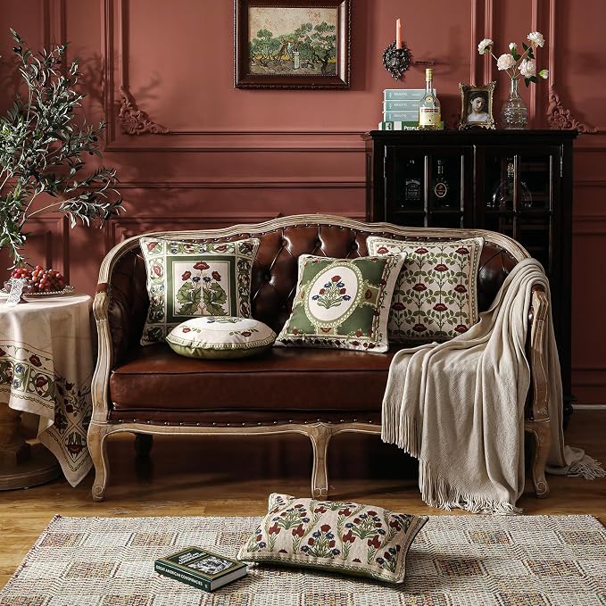 ISAENNE Elegant French Linen Throw Pillow Cover,Set of 2,18"x18"-Estonia D | Designer Vintage Square Pillow Cover,Concealed Zipper Design,Floral Pattern,Sofas,Bedroom,Living Room,Lounge Chairs