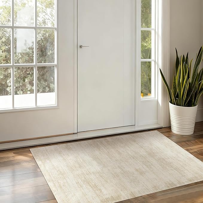 3x5 Washable Rug for Bathroom Neutral Boho Ombre Tan Beige Area Rugs Small | with Non Slip Low Pile, Boho Abstract Modern Farmhouse, Floor Covering Carpet, for Bedroom Dorm Laundry Room, Rubber Backing