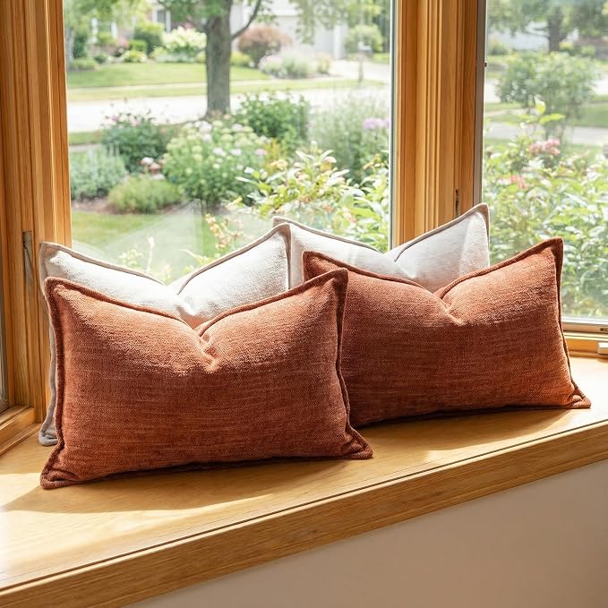 20x20 Inches Throw Pillow Covers Set of 4 Soft Textured Chenille Decorative Cushion Cases for Couch Sofa Bed Modern Farmhouse Neutral Accent Covers with Hidden Zipper Beige Orange