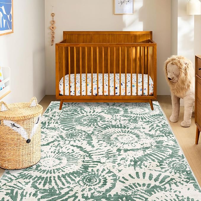 BLISSA Washable 3x5 Entryway Rug - Ultra Thin Fresh Green White Modern Non-Slip Small Front Door Mat Indoor Entrance Soft Geometric Boho Neutral Abstract Area Rugs for Bedroom Kitchen Mudroom Foyer