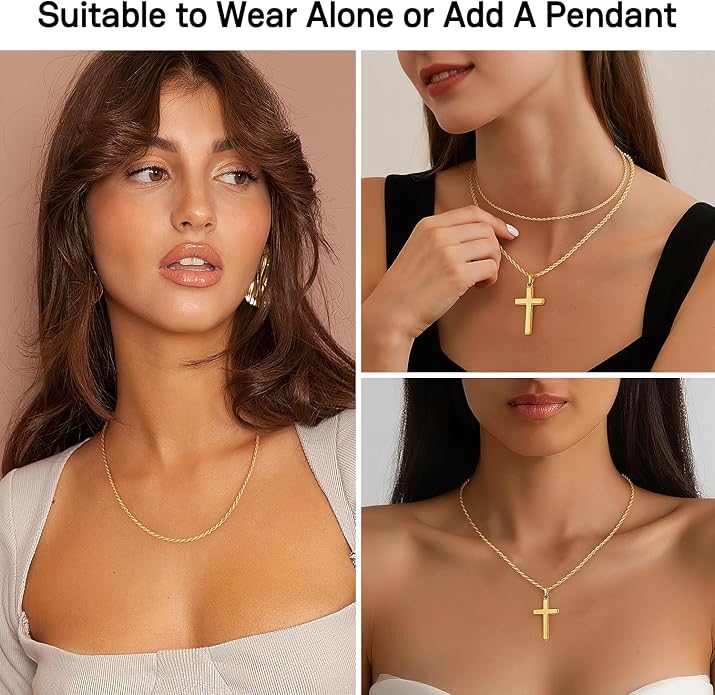 1.5mm 2mm Rope Chain 925 Sterling Silver Chain Necklace for Women, 14K Gold Plated Chains for Women Sturdy & Durable Women's Chains Necklace 16 18 20 22 24 26 Inch