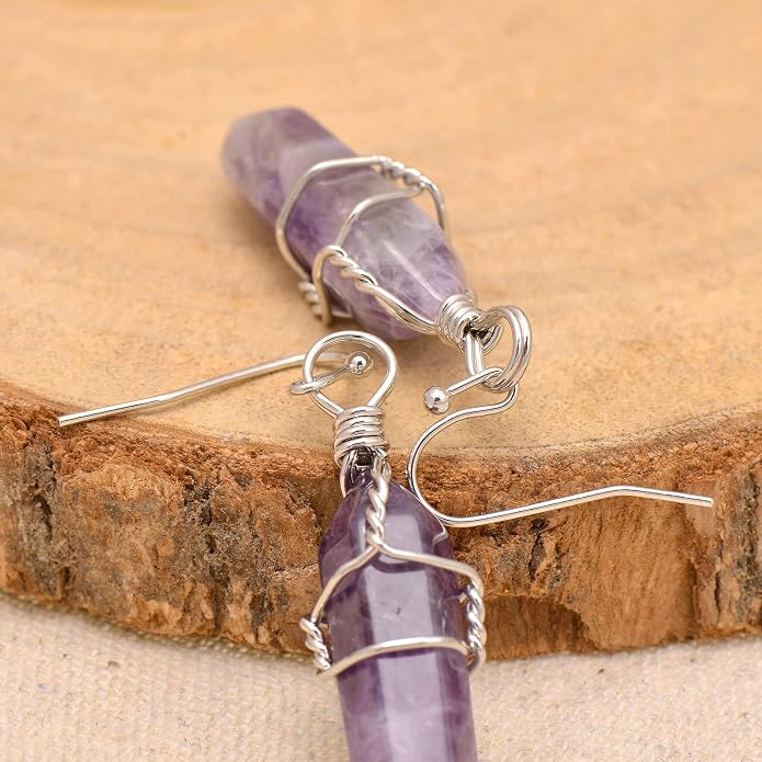 Polished Stone Wire Wrapped Point Crystal Earrings for Women Reiki Energy Healing