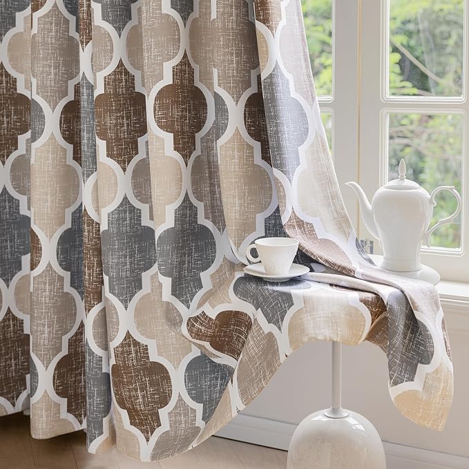 Beauoop Moroccan 100% Blackout Curtains Bedroom Brown Grey 50x63 2 Panels | Geometric Room Darkening Drapes for Living Room 84 Inch Long Thermal Insulated Soundproof Lattice Window Treatment Rod Pocket