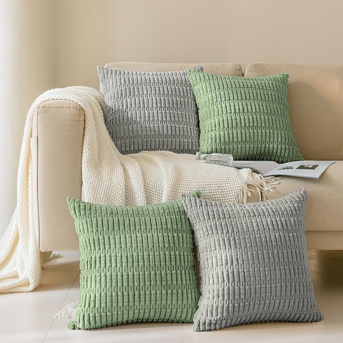 Softalker Sage Green Throw Pillow Covers Set of 2, Solid Color Corduroy Soft Plush Decorative Square Cushion Covers for Couch Sofa, Summer Rustic Farmhouse Boho Home Decor, 22 x 22 Inch