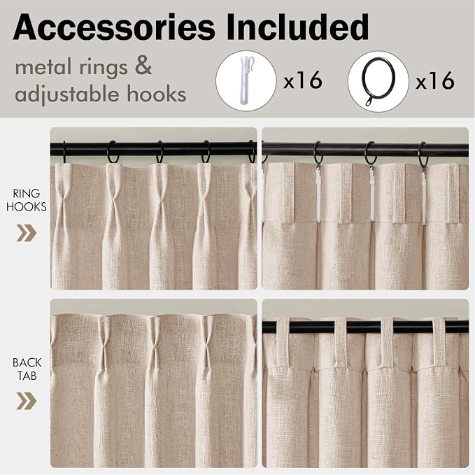 MIULEE Pinch Pleated Thick Linen Curtains 84 Inches Long 2 Panels for Living Room Bedroom, Linen Textured Memory Trained Drapes Pleat Back Tab Light Filtering Sand Beige Window Curtains with Hooks
