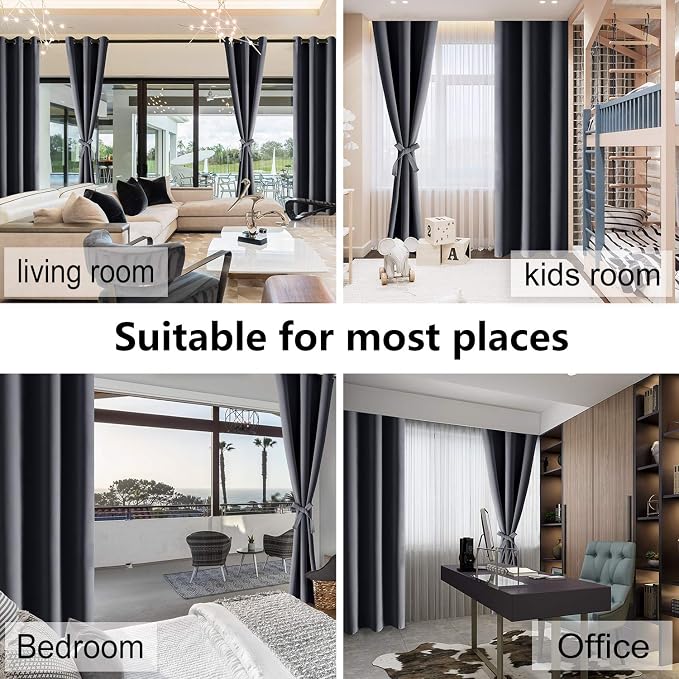 Hiasan Grommet Blackout Curtains for Bedroom, 52 x 30 Inches Long - Thermal Insulated & Light Blocking Window Curtains for Living Room, 2 Drape Panels Sewn with Tiebacks, Dark Grey