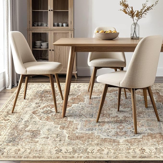 6x9 Washable Area Rug: Vintage Neutral Soft Non Slip Thin Large Floor Carpet for Living Room Bedroom Kitchen Dining Room Home Office Farmhouse Indoor - Grey Brown