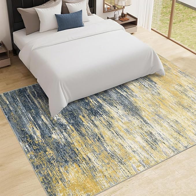 ROYHOME Washable Rug 5x7 Abstract Area Rug for Living Room, Non Slip Foldable Soft Rugs for Bedroom, Stain Resistant Rugs Modern Fuzzy Rug, Indoor Carpet for Entryway Home, Yellow/Black