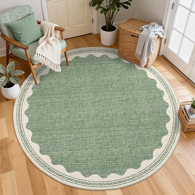 GarveeHome Scalloped Sage Green 6ft Round Rug Washable Non-Slip Soft Ultra-Thin Small Circle Modern Cottage Core Solid Carpet for Entryway Kitchen Bedroom Nursery Dining Room