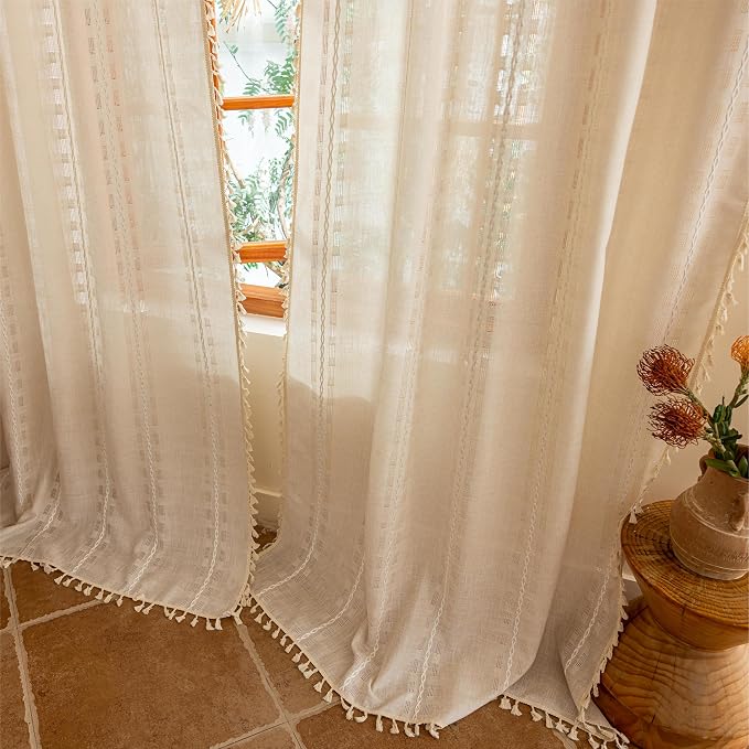 Boho Natural Sheer Curtains 2 Panels for Kitchen Bedroom,Farmhouse, Bohemian Beige Tassels 54 inches Long country Light Filtering Curtains Shabby Chic Embroidery Striped Draps Back Tab, 50" W