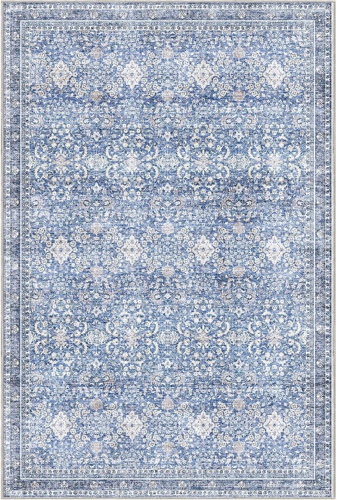 Sasttie 6x9 Area Rugs, Ultra-Soft Washable Rug, Low Pile Foldable Thin Carpets with Non-Slip Backing, Skin-Friendly Stain Resistant Carpet for Living Room, Bedroom, Kitchen, Dorm, 6x9, Blue