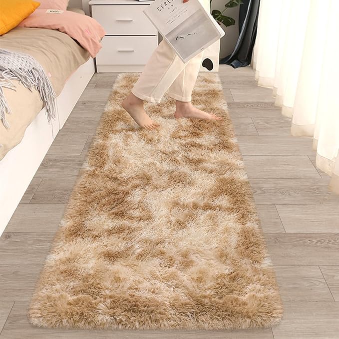 2x6 Soft Fluffy Beige Runner Rug for Bedroom Hallway, Plush Shag Rug Tan Carpet Non Slip Washable for Nursery Dorm Living Room, Fuzzy Bedside Long Rug Runner for Kids Girls Room Decor