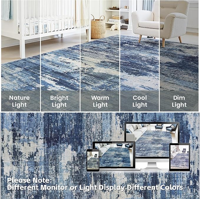 10x14 Area Rugs Living Room Rug Modern Abstract Neutral Washable Rugs Non Slip Soft Carpet Large Area Rug Low Pile Stain Resistant Non Shedding for Bedroom Nursery Dining Room Home Office Navy Blue