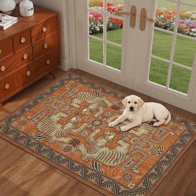 GarveeHome Boho Tiger Entryway Rug, 2x3 Vintage Tribal Washable Front Door Rug Indoor Entrance Animal Carpet Non-Slip Low Pile Throw Rugs for Kitchen Floor, Powder Room, Entry, Bathroom, Kids Room