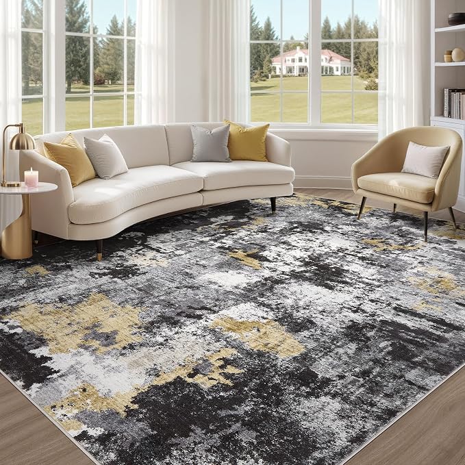 Abstract 7x9 Area Rug: Machine Washable Non Slip Ultra Thin Low-Pile Carpet, Soft Stain Resistant for Living Room Bedroom Nursery, Kid Pet Friendly, Robot Vacuum Compatible - Black Gold