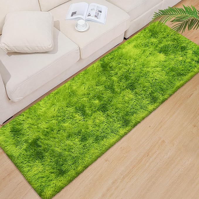 Grass Green Tie-Dyed Rug 2x6 ft Plush High Pile Shag Carpet Fluffy Soft Runner Bedside Rug for Bedroom Living Room Hallway Nursery Kids Home Decor