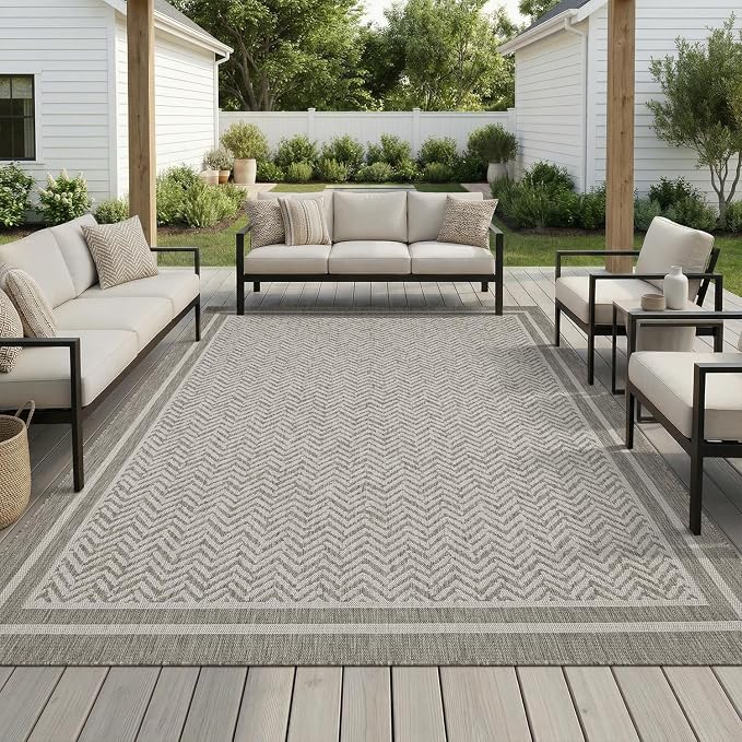 MontVoo-Outdoor Rug-Patio Rug 6x9 Polypropylene Indoor Outdoor Rugs Outdoor Carpet for Patio Deck Balcony Porch, Textured Weave, Durable for High Traffic, Fade-Resistant, Boho Farmhouse Silver Grey