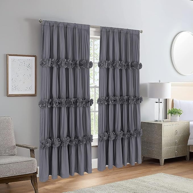 Homechoice Decor Blackout Window Curtains Gray, 54" W x 84" L x 2 Panels | Boho Ruched Thermal Insulated Window Treatments with 3 Rows of Butterfly Flowers, Rustic Rod Pocket Drapes for Room (LQ-30)