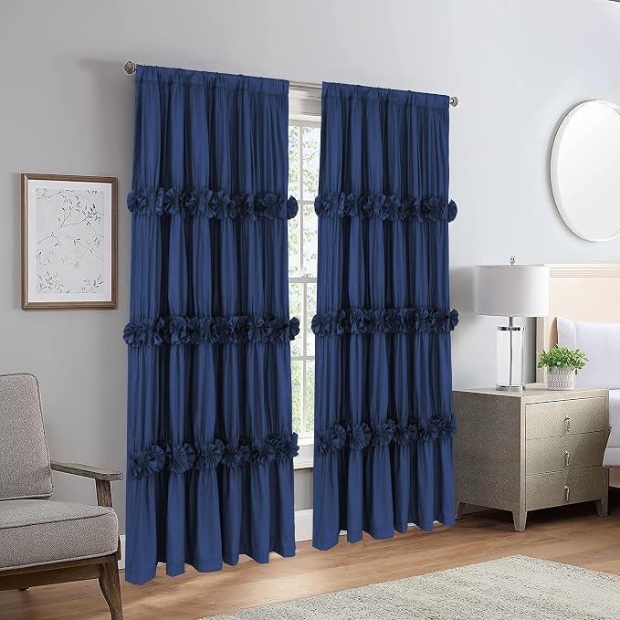 Homechoice Decor Thermal Insulated Window Curtains, 54" W x 84" L (Pair) | Boho Ruched Blackout Window Treatments with 3 Rows of Butterfly Flowers, Rustic Rod Pocket Drapes for Room, Navy (LQ-30)