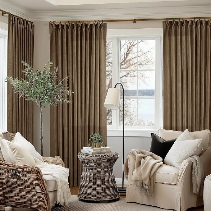 Extra Wide 90 Inch Long Curtains 70 Inch Wide Pinch Pleat Linen Curtains for Living Room Bedroom Light Filtering Privacy Pleated Drapes Hooks Rings Back Tab for Sliding Door Dutch Cocoa 1 Panel