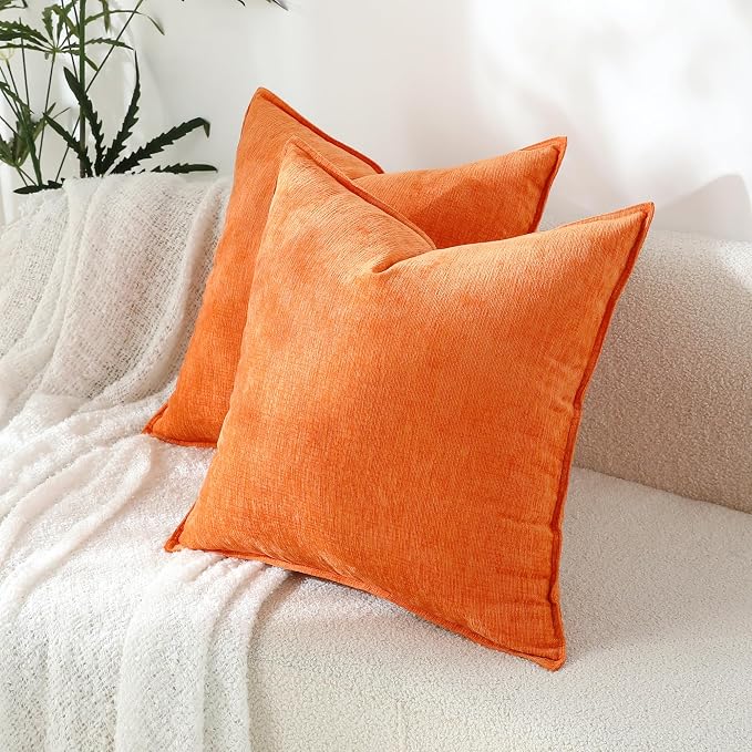Stellhome Pack of 2, Soft Chenille Soild Throw Pillow Covers Accent Cushion Case Boho Farmhouse Neutral Decorative Pillowcase for Couch Sofa Bedroom Living Room Home Decor 16 x 16 Inch, Orange