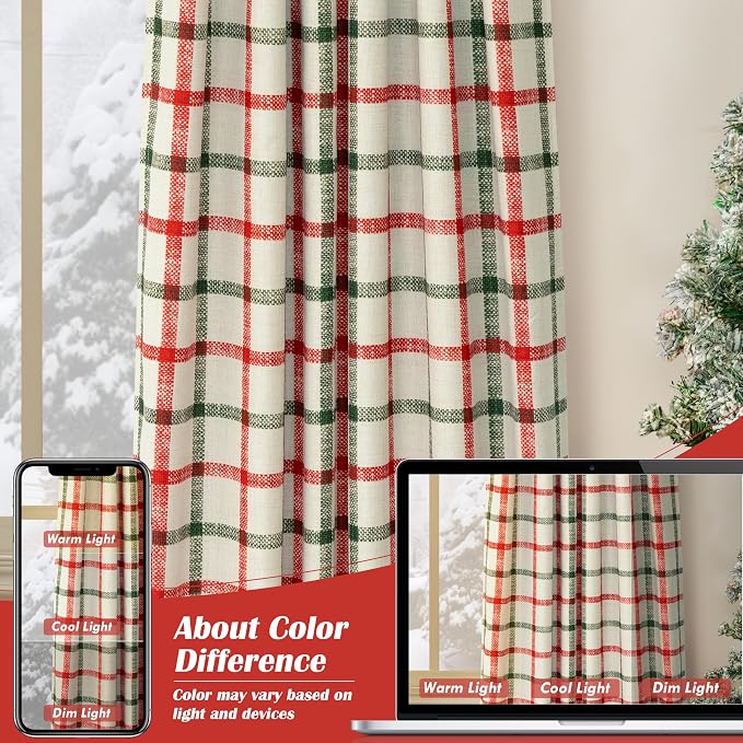 DriftAway 100% Blackout Plaid Curtains 63 Inches Long 2 Panels Red Green | 100% Blackout, Linen Texture, Plaid Pattern, Two Layers, Rod Pocket & Back Tab, Bedroom Living Room Use, Luxury Appearance