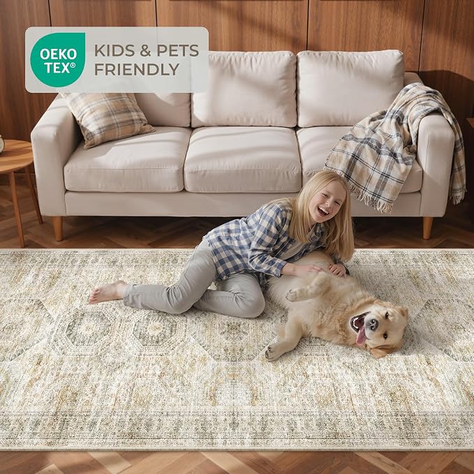 Rug Runners for Hallways Non Slip - 2x8 Runner Rug for Bedroom, Washable Runner with Rubber Backing, Soft Low-Pile Carpet for Kitchen, Laundry, Bathroom (2'x8', Grey/Yellow)