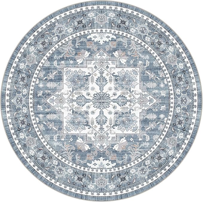 6ft Round Area Rug: Washable Vintage Neutral Soft Non Slip Thin Large Floor Carpet for Living Room Bedroom Kitchen Dining Room Home Office Farmhouse Indoor - Blue