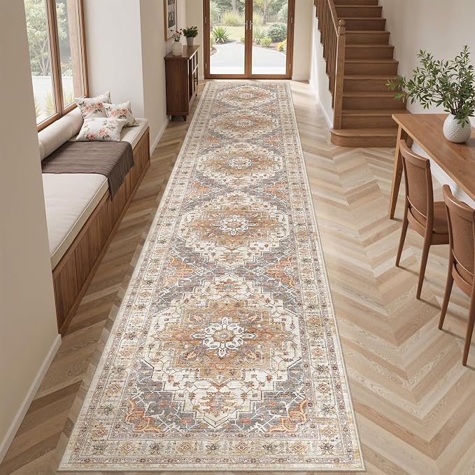 2'6" x 16'Non Slip Runner Rugs - Runners for hallways, Kitchen,Entryway,Stain Resistant Washable Rugs for Bedroom, Indoor Vintage Area Rugs (Turmeric/Grey,2'6" x 16')