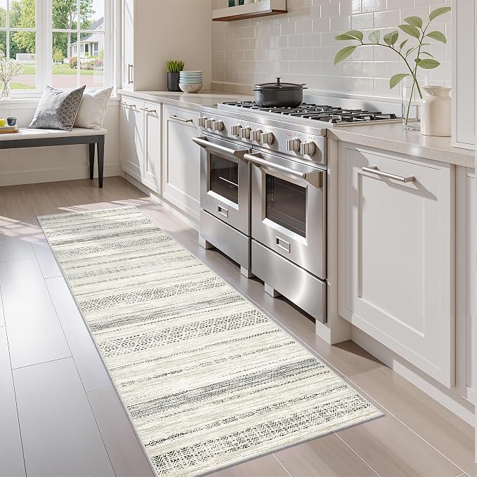 Miukiki 2x6 Hallway Runner Rug Moroccan Washable Kitchen Rug Non Slip Indoor Floor Kitchen Runner Rug Foldable Carpet for Bathroom Laundry Room with Low Pile(Grey,2'x6')