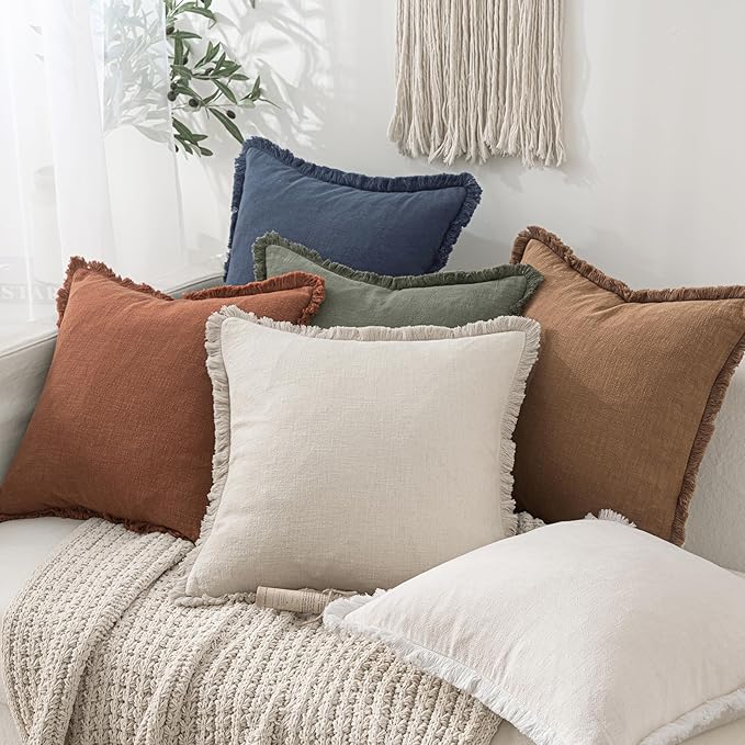 MIULEE Decorative Throw Pillow Covers Neutral Linen Fringe Throw Pillows Euro Shams Set of 2 Brown Boho Farmhouse Cushion Covers for Couch Sofa Bed Living Room Fall Home Decor 22x22 Inch