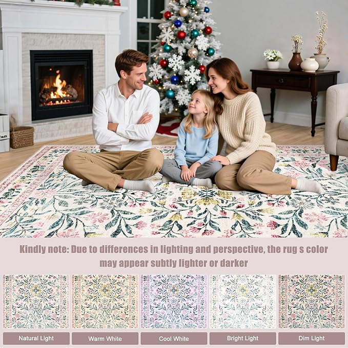 Area Rug Living Room Rugs: Floral 3x5 Washable Rug Vintage Soft Boho Non-Slip Carpet Indoor Floor Stain Resistant Large Carpets for Bedroom Dining Room Farmhouse Nursery Hallway Pink/Green
