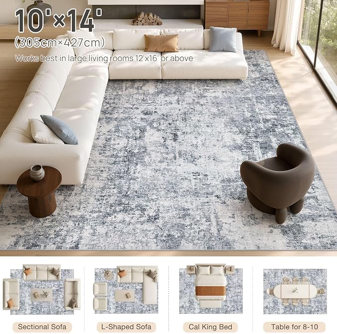 cotiled Washable Area Rug 10x14, Non-Slip Soft Neutral Rug for Living Room | Modern Abstract Carpet, Stain Resistant and Kid & Pet Friendly, Ideal For Bedroom, Dining Room, Nursery, Office - Blue/Gery