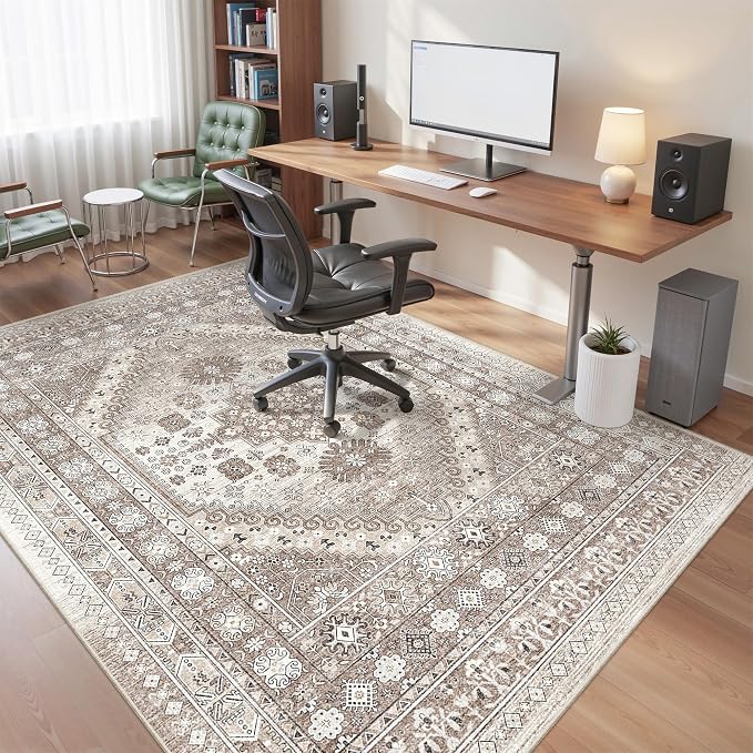 befbee 5x7 Area Rugs for Living Room,Stain Resistant Washable Rug,Non-Slip Backing Rugs for Bedroom,Kitchen,Printed Vintage Home Decor Rug (Brown/Beige, 5'x7')