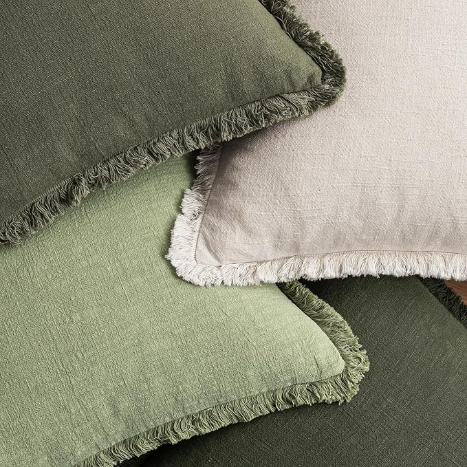 MIULEE Fall Linen Fringe Pillow Covers Set of 4 24x24 Beige/Sage Green | Boho Farmhouse Decorative Throw Pillow Covers, Neutral Soft Rustic Cushion Cases, for Couch Sofa Bed Living Room Home Decor