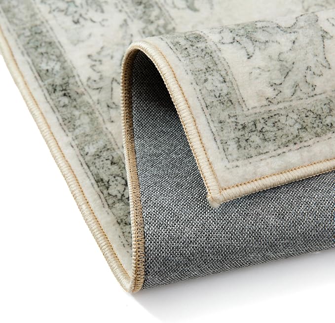 PureCozy Green Area Rug 5x7 Washable Living Room Carpet Vintage Non Slip Soft Bedroom Indoor Office Retro Low Pile Thin Oriental Medallion Large Rug for Dining Room Bathroom Kitchen